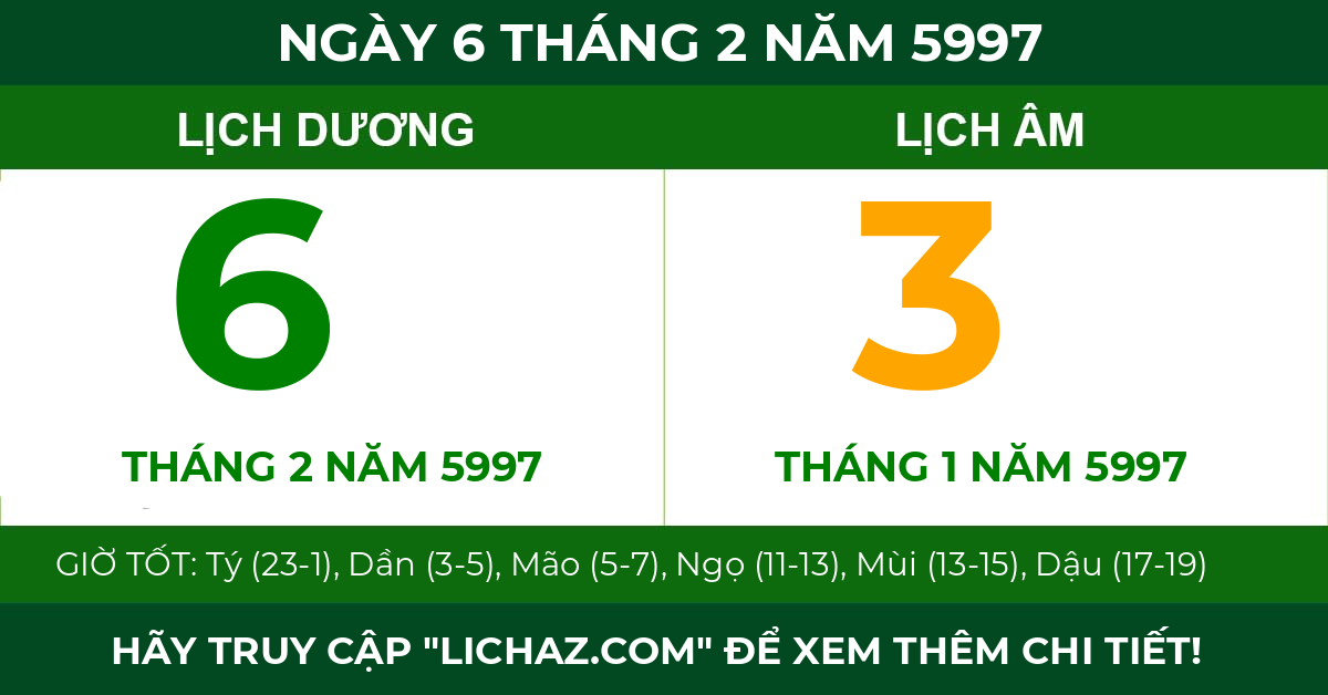 lịch âm ngày 6 tháng 2 năm 5997
