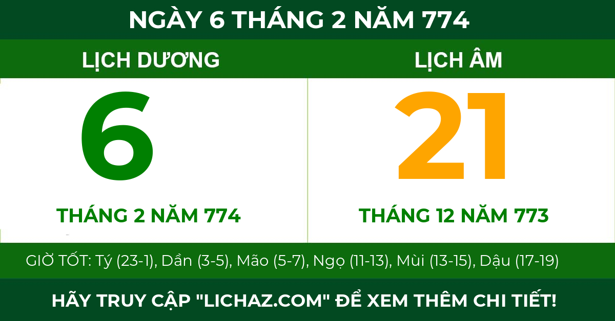 lịch âm ngày 6 tháng 2 năm 774