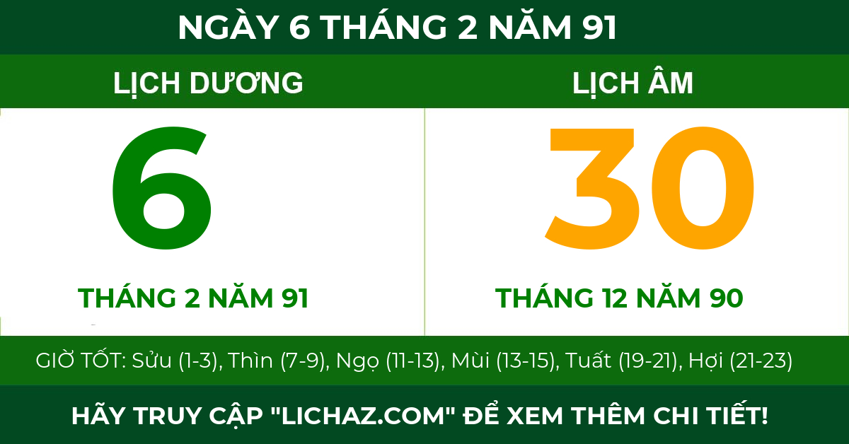 lịch âm ngày 6 tháng 2 năm 91