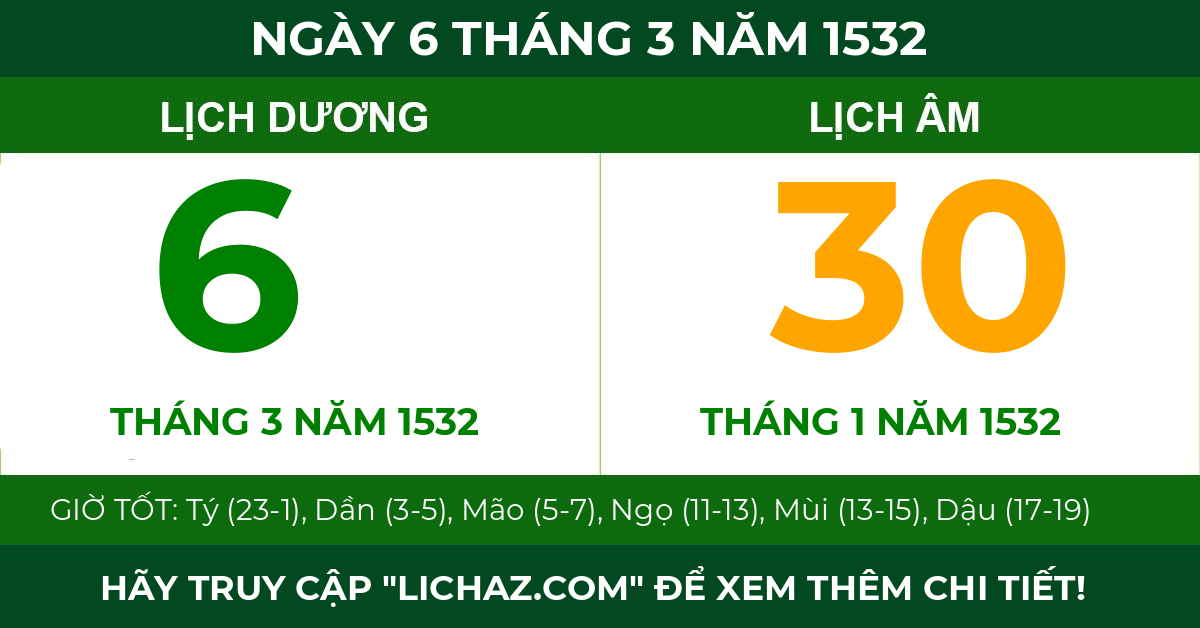 lịch âm ngày 6 tháng 3 năm 1532