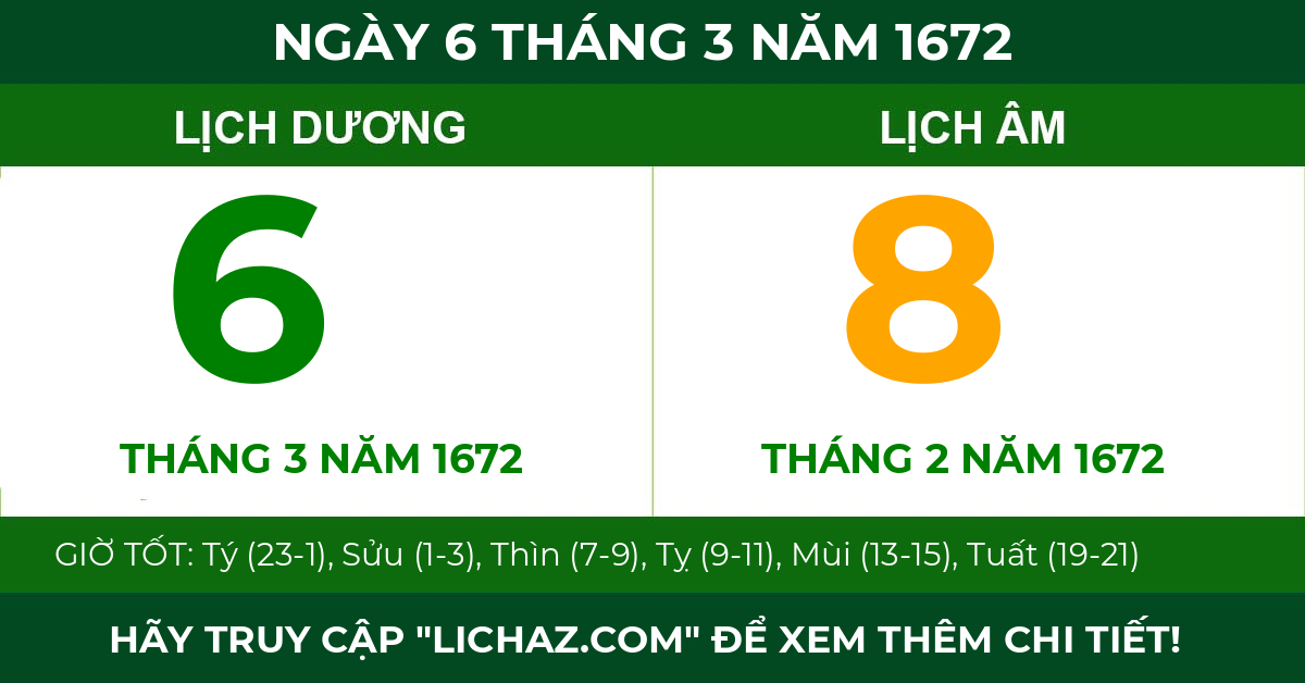 lịch âm ngày 6 tháng 3 năm 1672