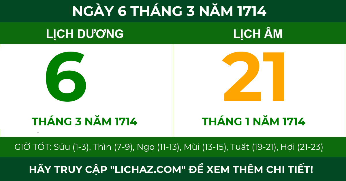 lịch âm ngày 6 tháng 3 năm 1714