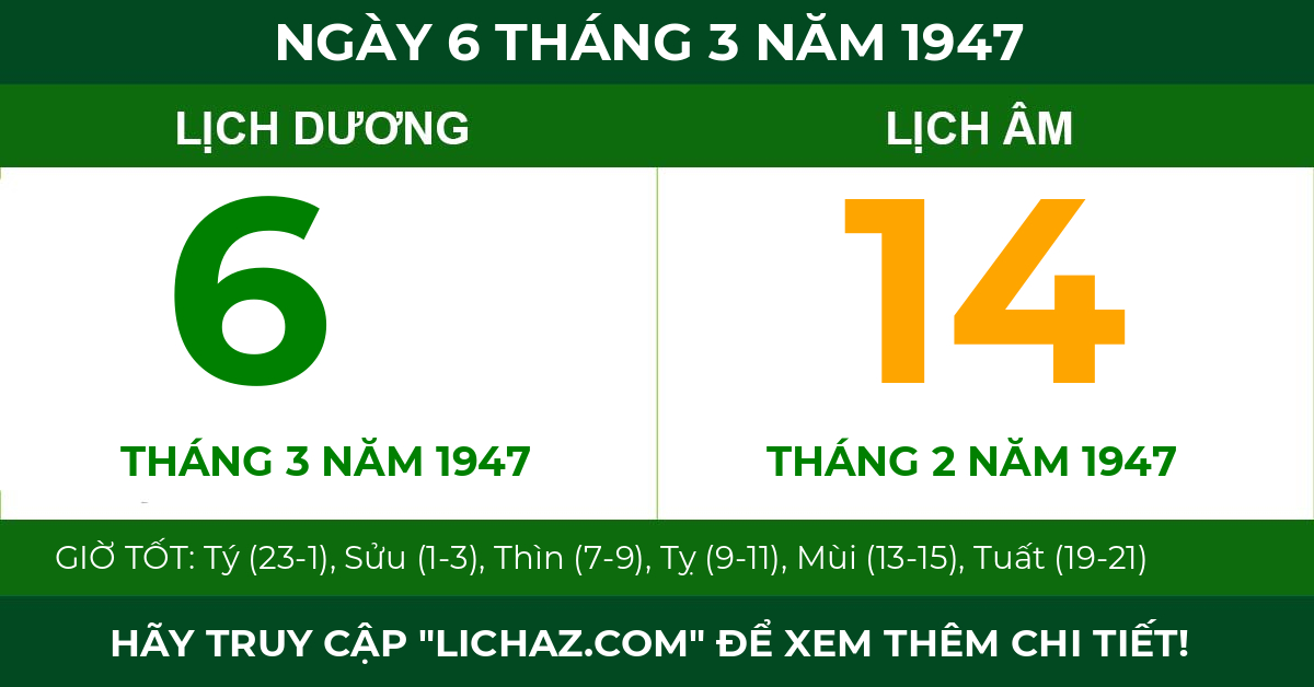 lịch âm ngày 6 tháng 3 năm 1947