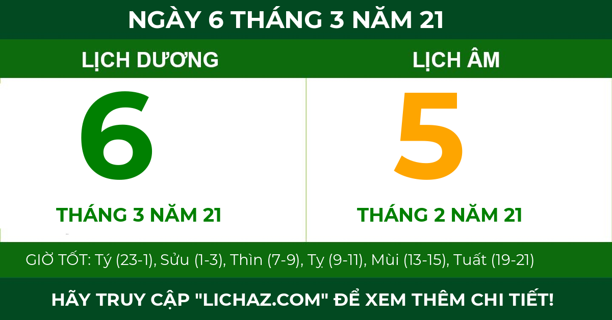 lịch âm ngày 6 tháng 3 năm 21
