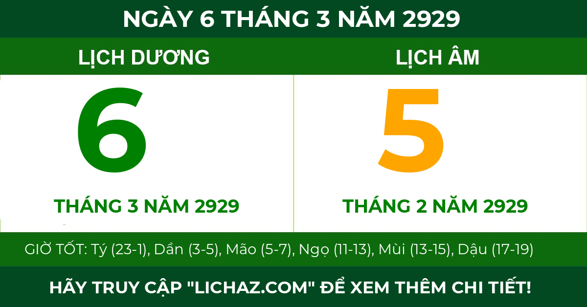lịch âm ngày 6 tháng 3 năm 2929