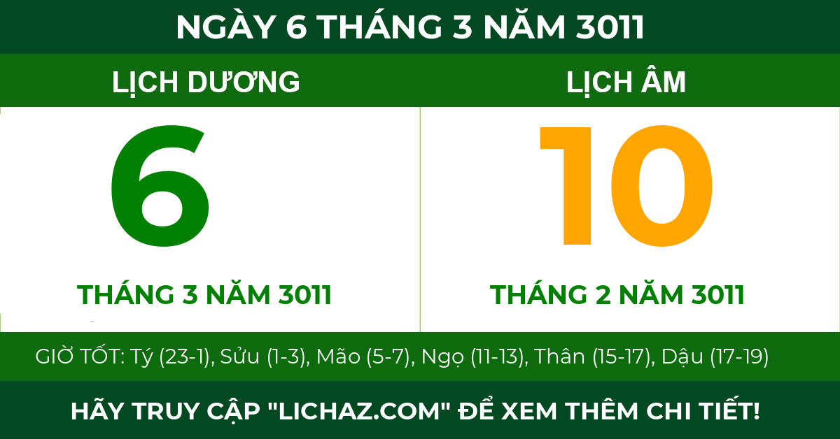 lịch âm ngày 6 tháng 3 năm 3011