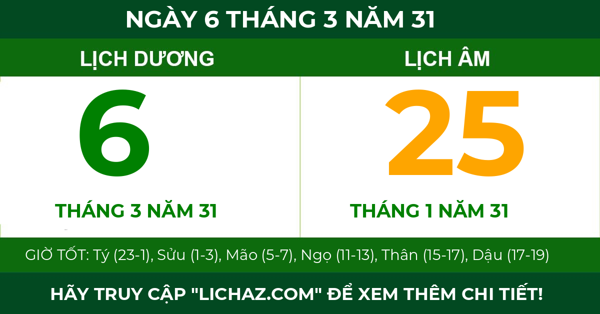 lịch âm ngày 6 tháng 3 năm 31