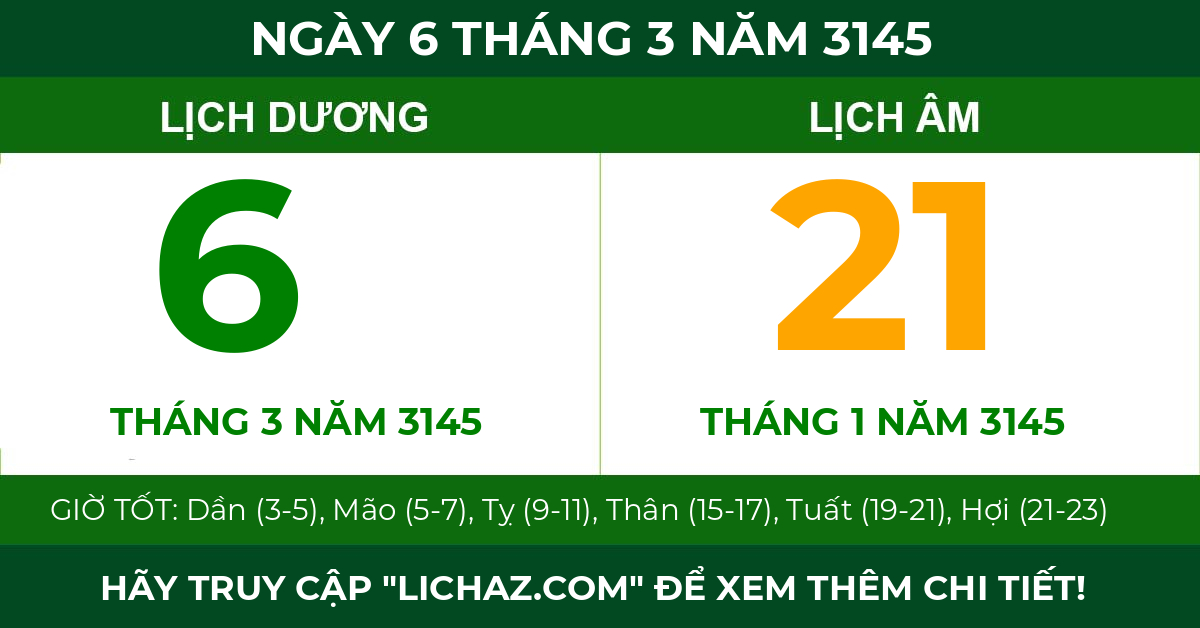 lịch âm ngày 6 tháng 3 năm 3145