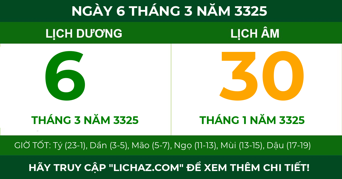 lịch âm ngày 6 tháng 3 năm 3325