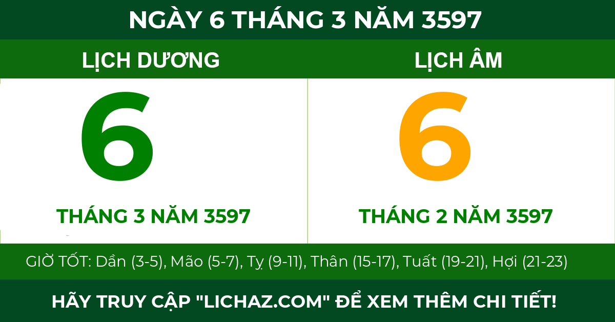 lịch âm ngày 6 tháng 3 năm 3597