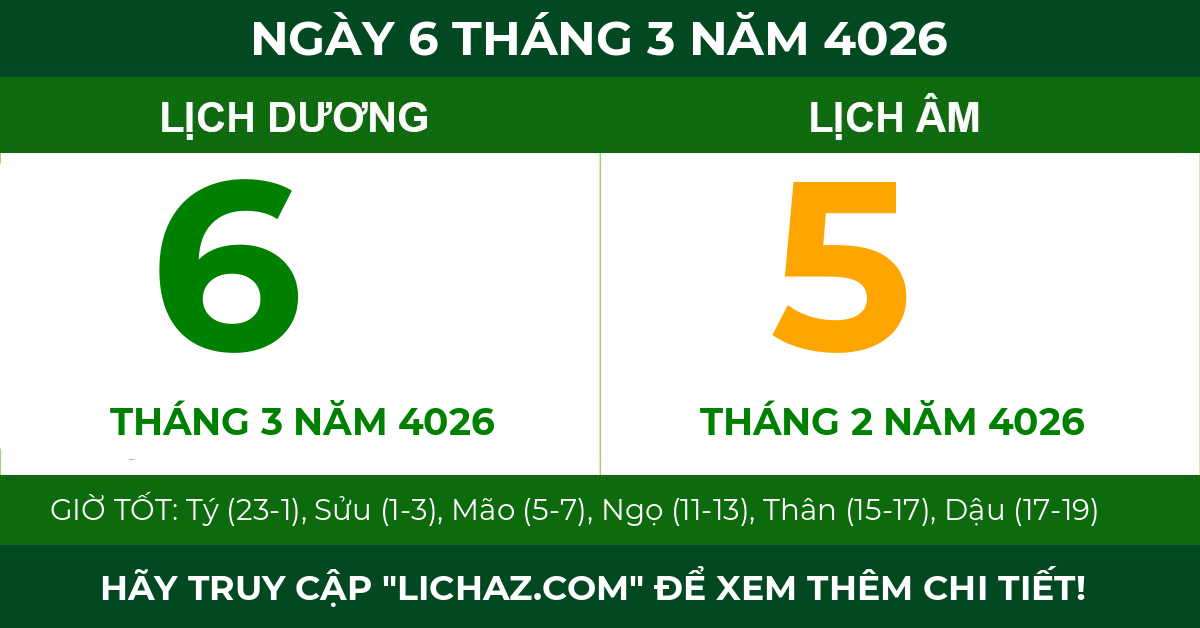 lịch âm ngày 6 tháng 3 năm 4026