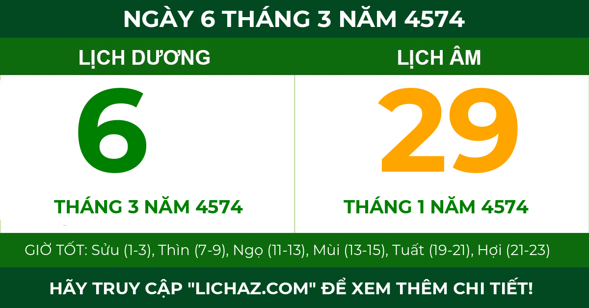 lịch âm ngày 6 tháng 3 năm 4574