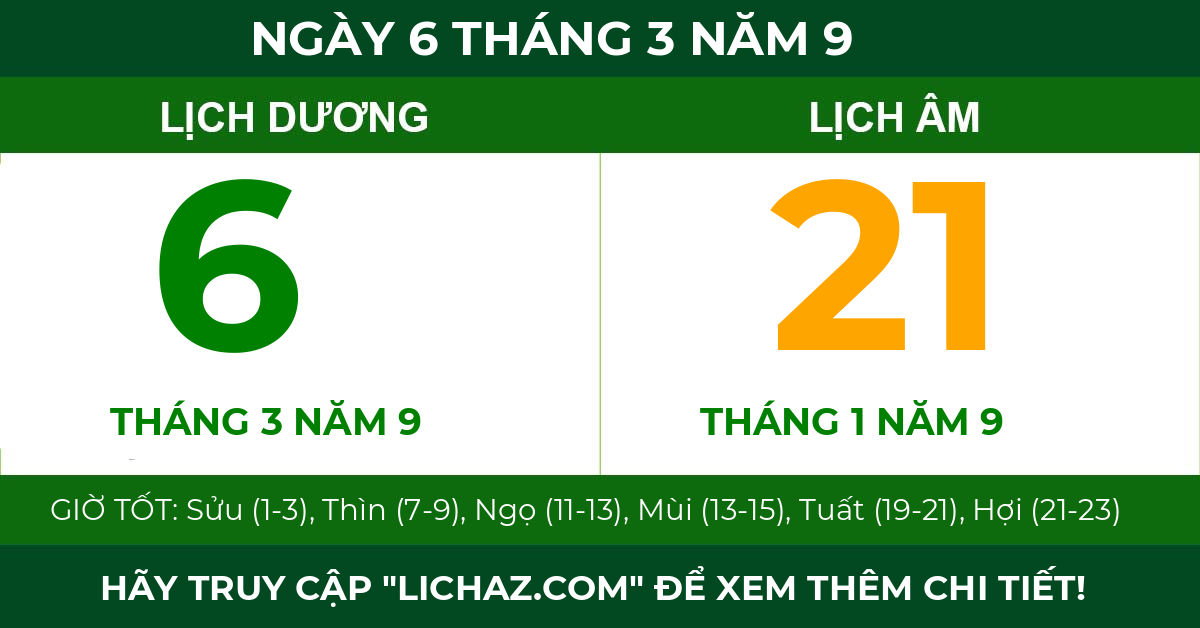 lịch âm ngày 6 tháng 3 năm 9