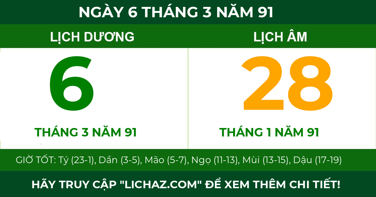 lịch âm ngày 6 tháng 3 năm 91