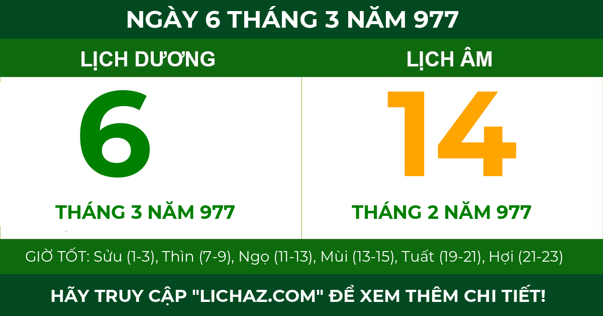 lịch âm ngày 6 tháng 3 năm 977