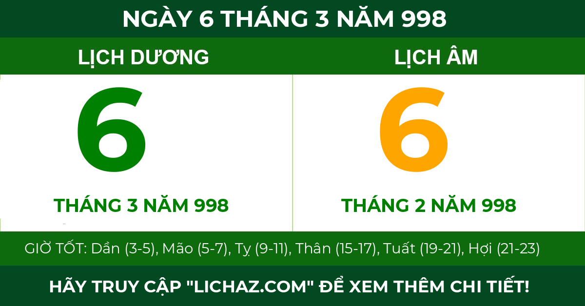 lịch âm ngày 6 tháng 3 năm 998