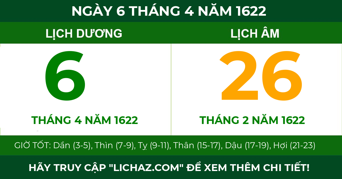 lịch âm ngày 6 tháng 4 năm 1622