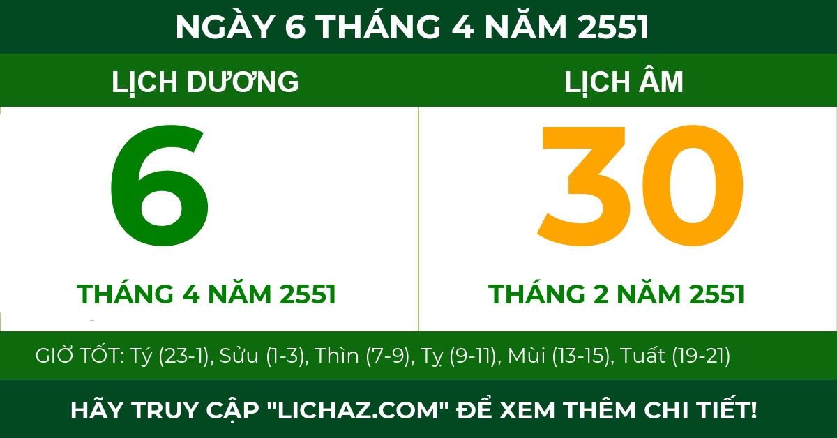 lịch âm ngày 6 tháng 4 năm 2551