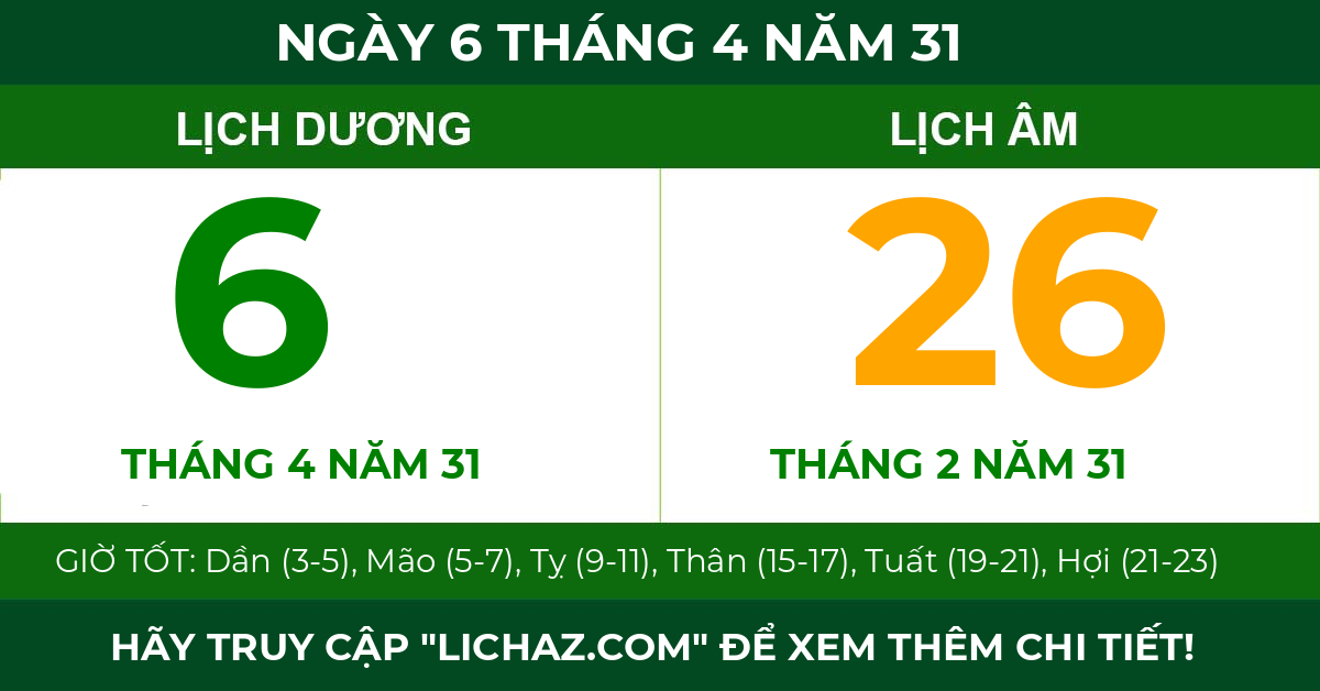 lịch âm ngày 6 tháng 4 năm 31