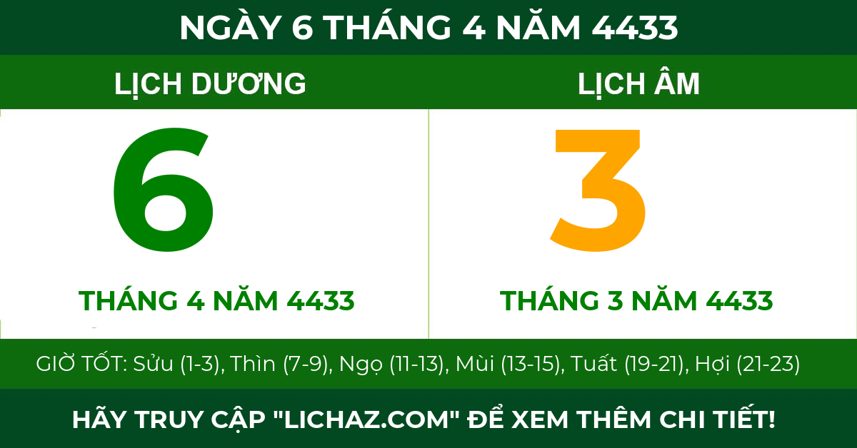 lịch âm ngày 6 tháng 4 năm 4433
