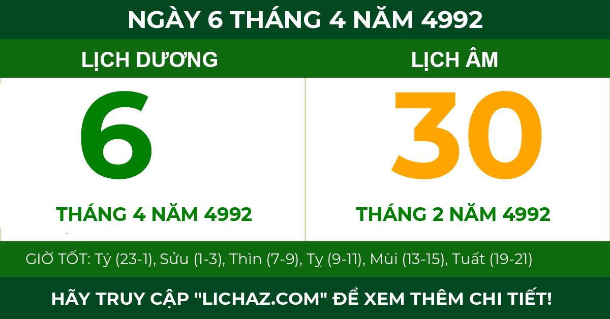 lịch âm ngày 6 tháng 4 năm 4992
