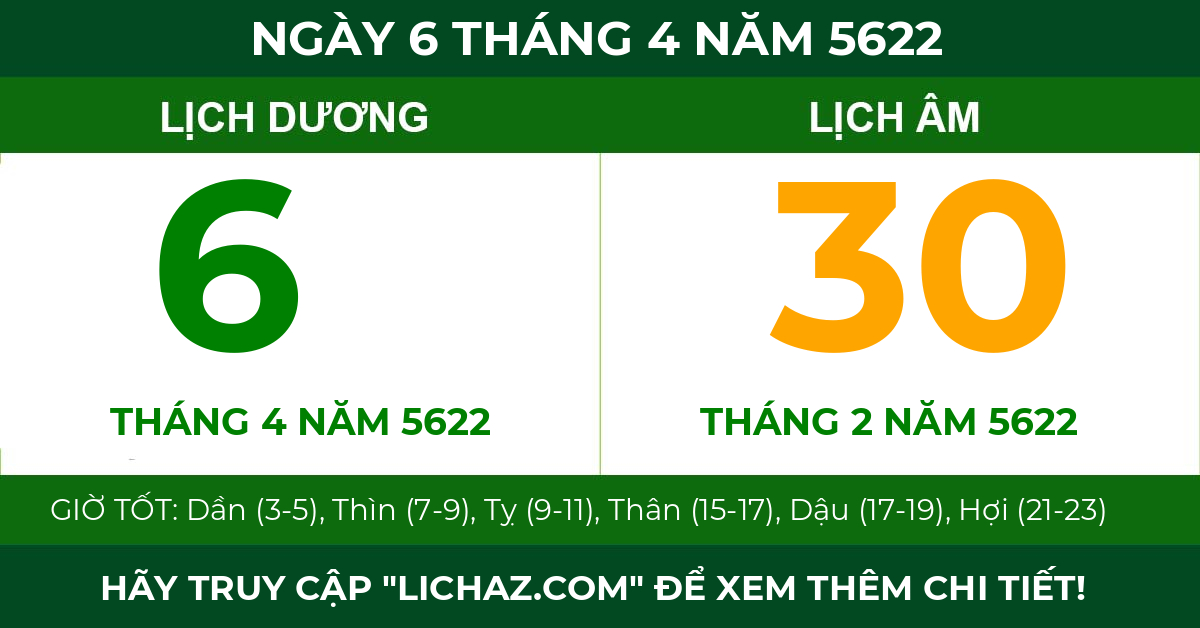 lịch âm ngày 6 tháng 4 năm 5622