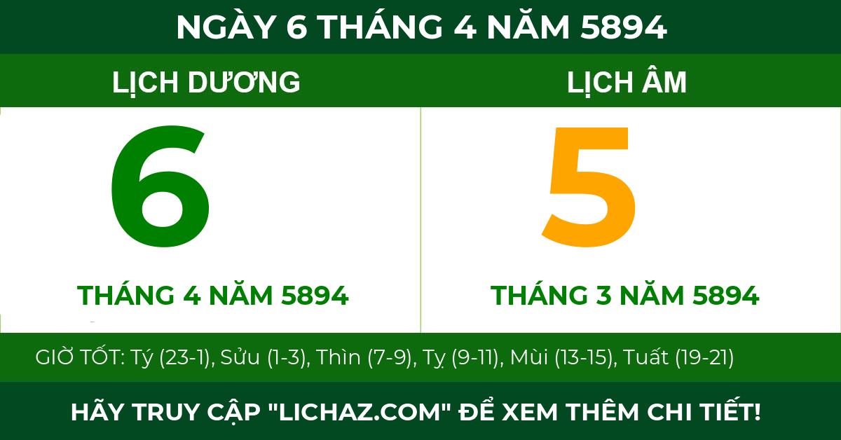 lịch âm ngày 6 tháng 4 năm 5894