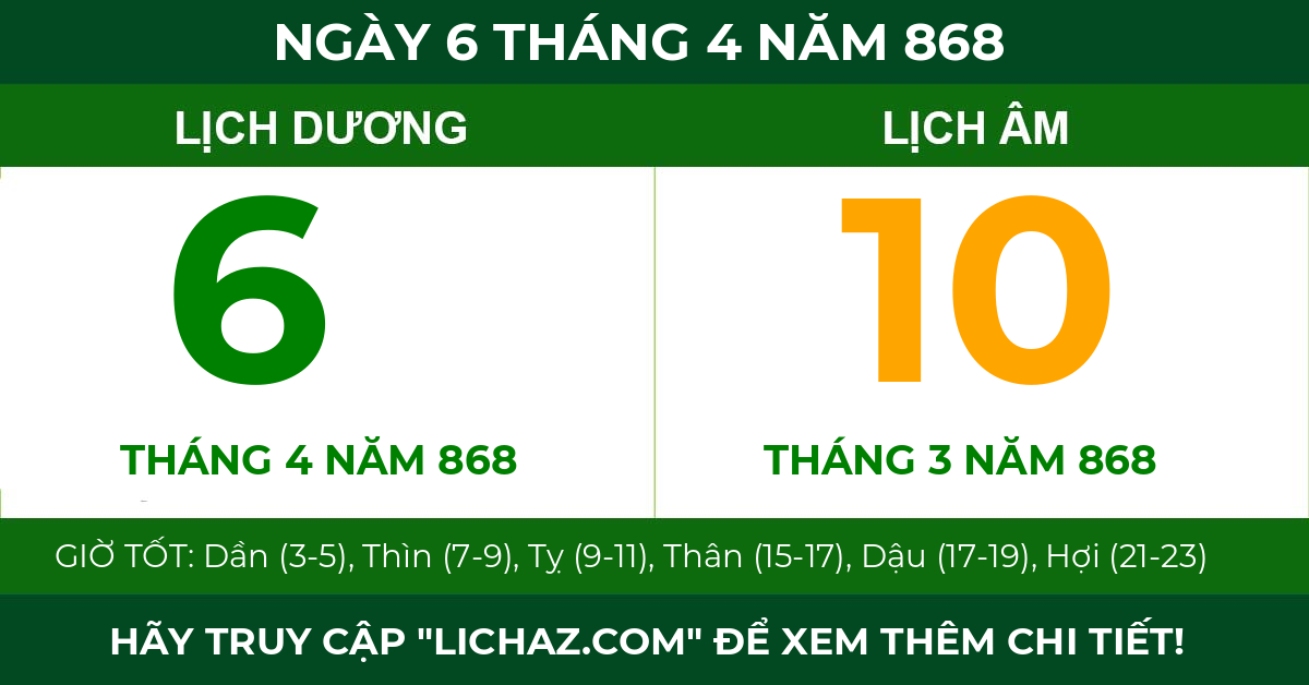 lịch âm ngày 6 tháng 4 năm 868
