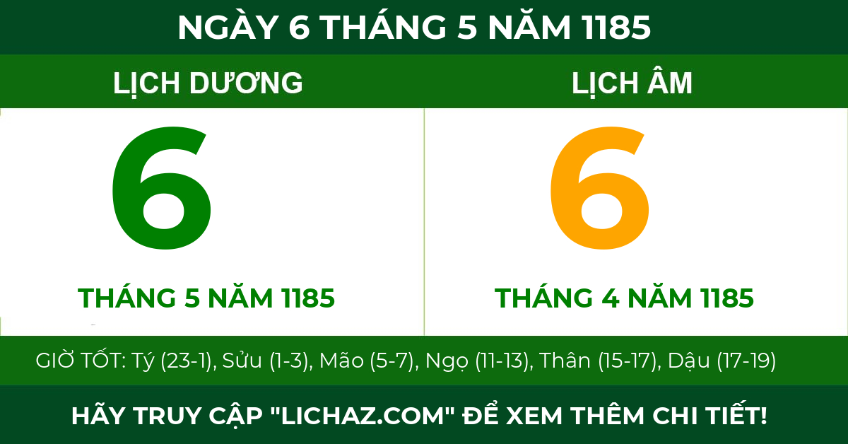 lịch âm ngày 6 tháng 5 năm 1185