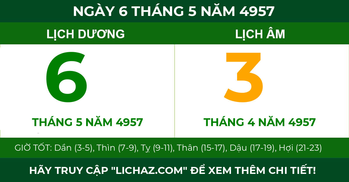 lịch âm ngày 6 tháng 5 năm 4957