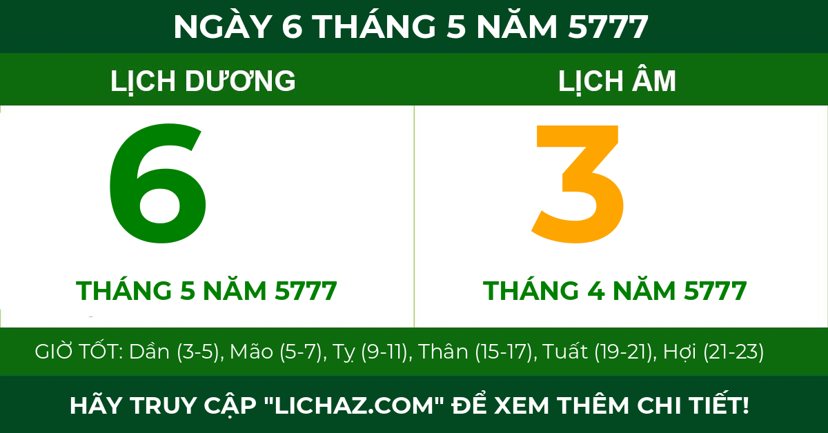 lịch âm ngày 6 tháng 5 năm 5777