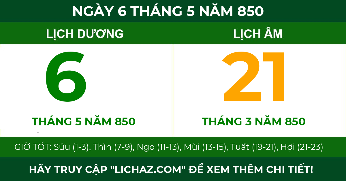 lịch âm ngày 6 tháng 5 năm 850