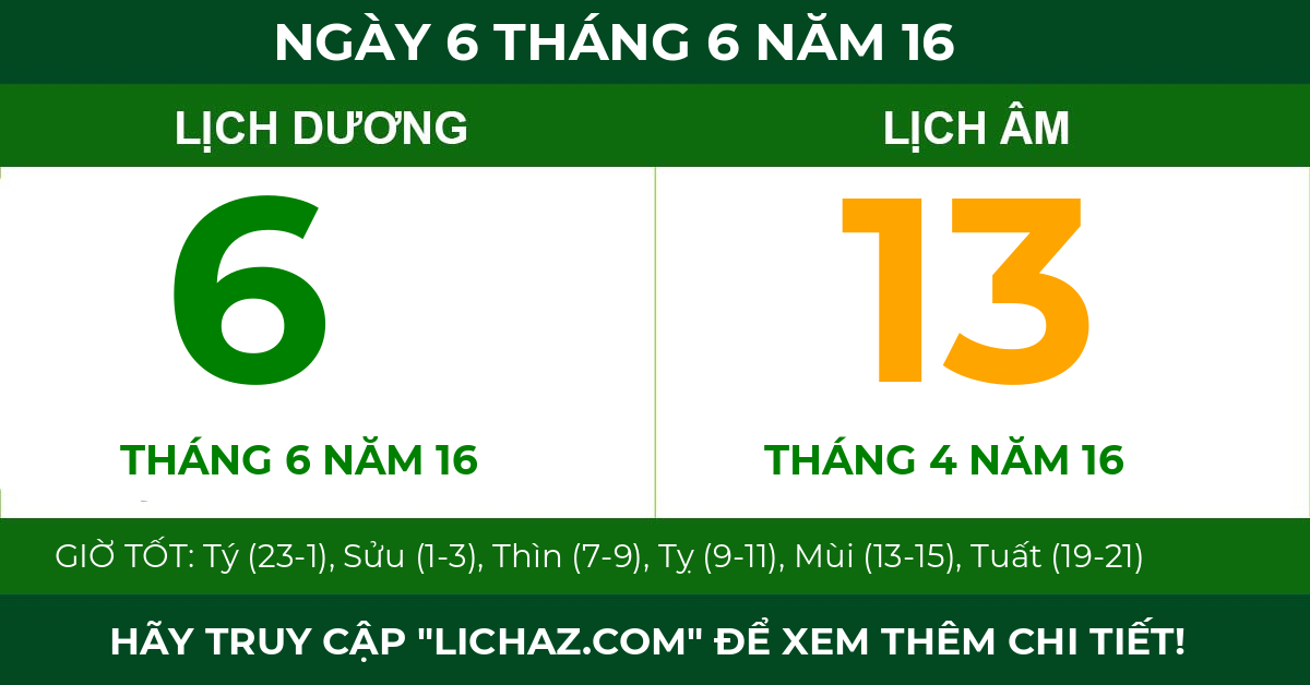 lịch âm ngày 6 tháng 6 năm 16