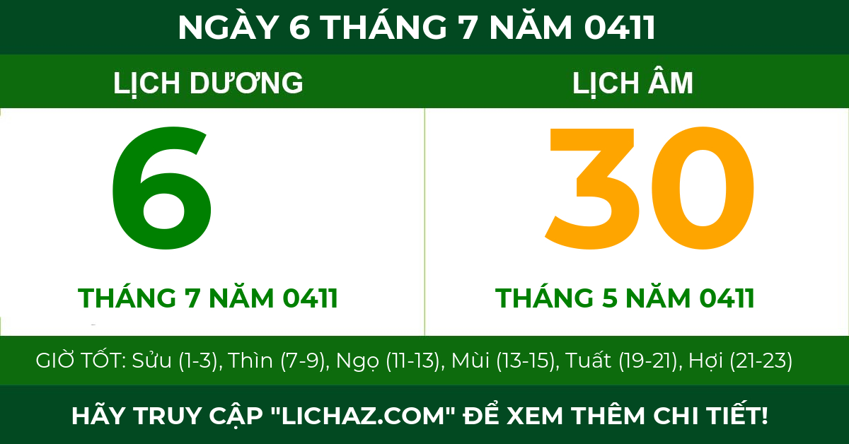 lịch âm ngày 6 tháng 7 năm 0411