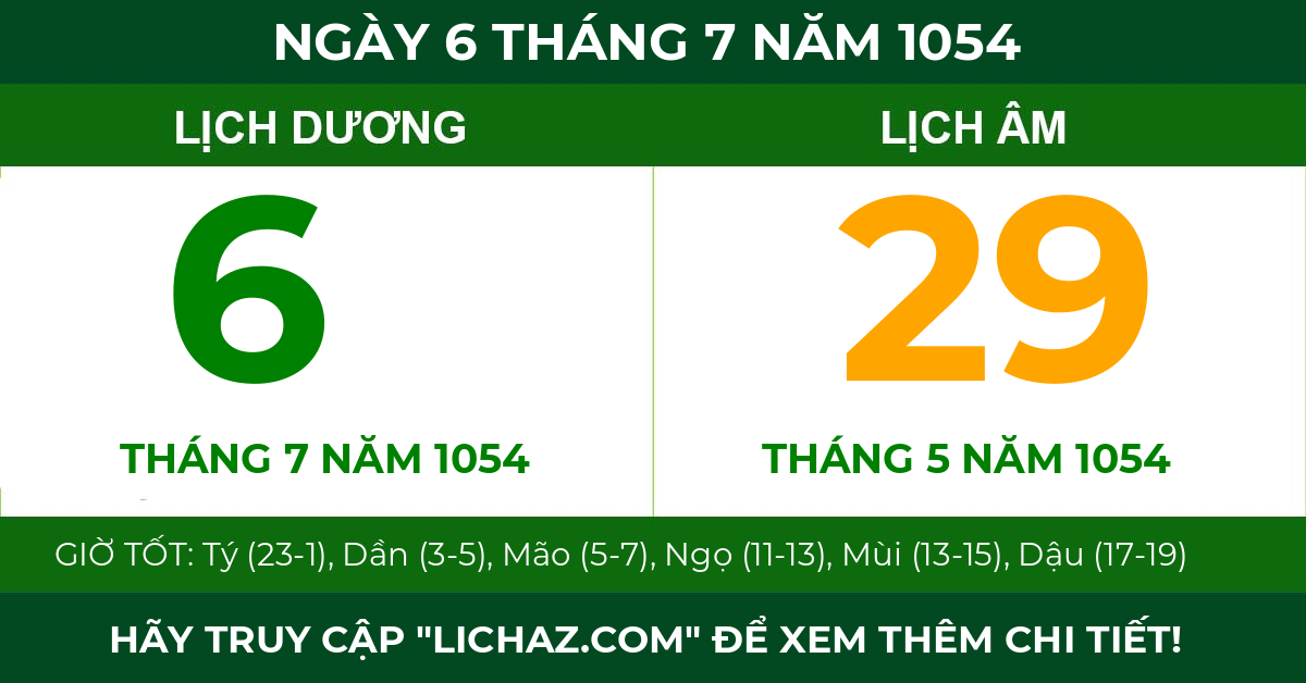 lịch âm ngày 6 tháng 7 năm 1054