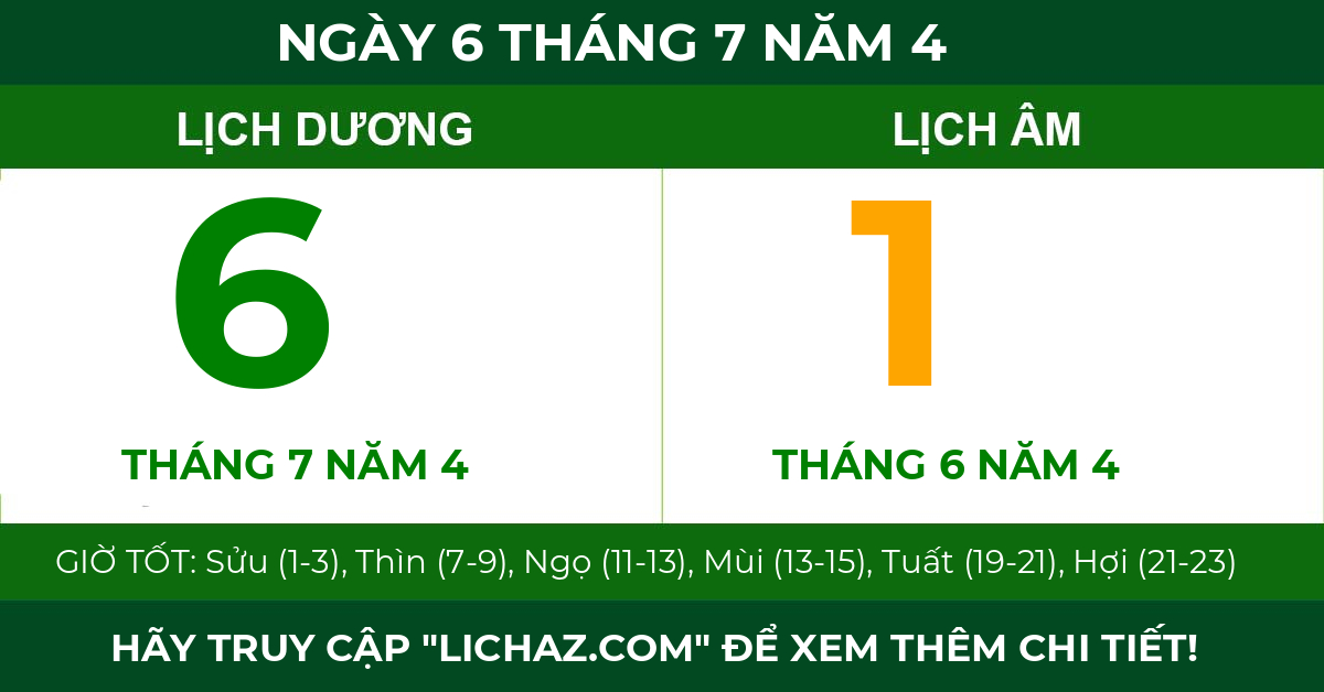 lịch âm ngày 6 tháng 7 năm 4