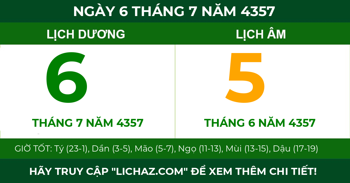 lịch âm ngày 6 tháng 7 năm 4357