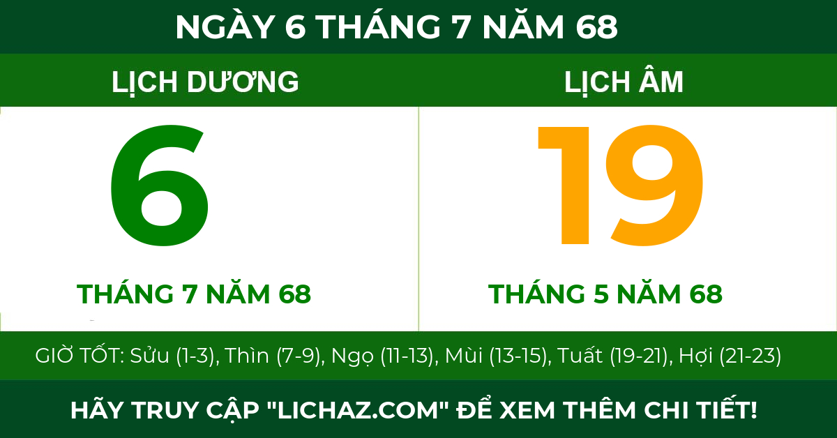lịch âm ngày 6 tháng 7 năm 68