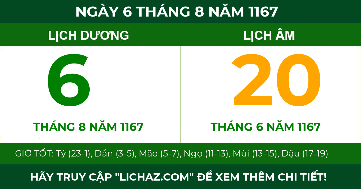 lịch âm ngày 6 tháng 8 năm 1167