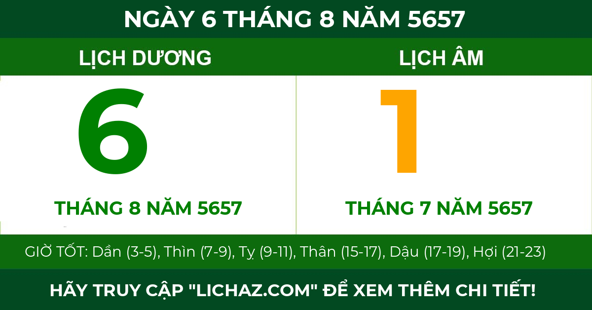 lịch âm ngày 6 tháng 8 năm 5657