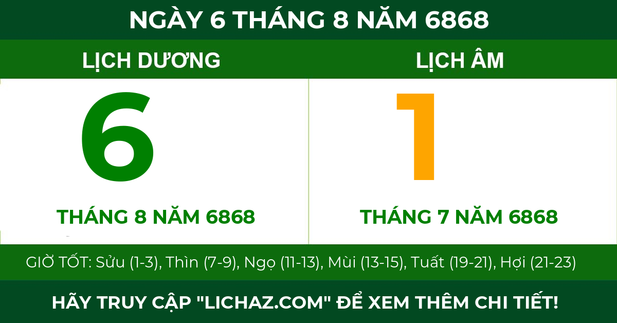 lịch âm ngày 6 tháng 8 năm 6868