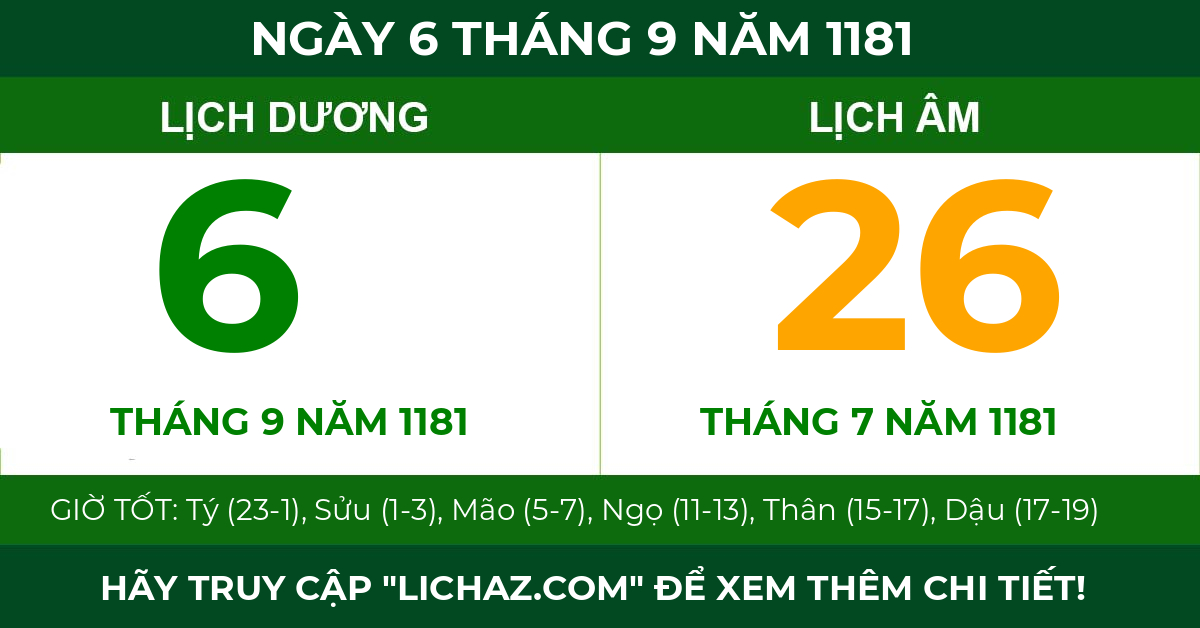 lịch âm ngày 6 tháng 9 năm 1181
