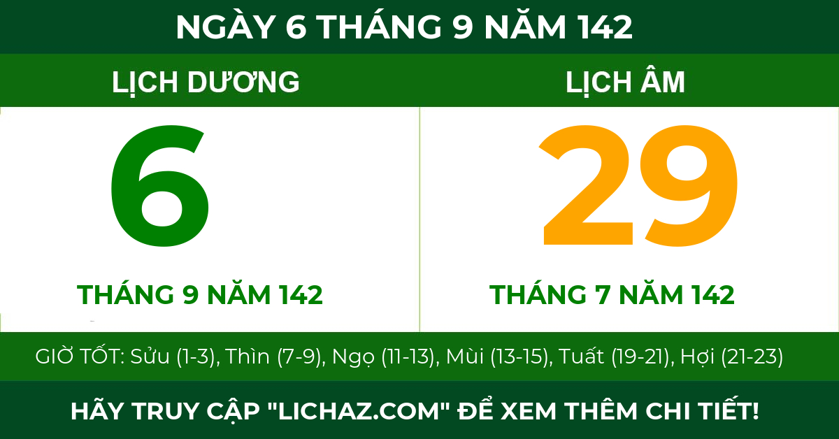 lịch âm ngày 6 tháng 9 năm 142