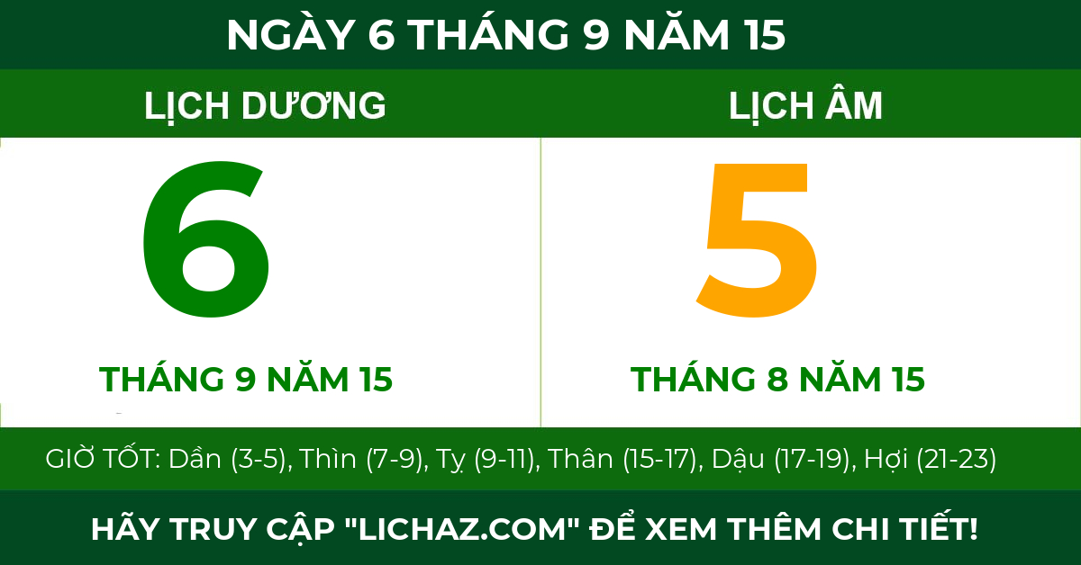 lịch âm ngày 6 tháng 9 năm 15