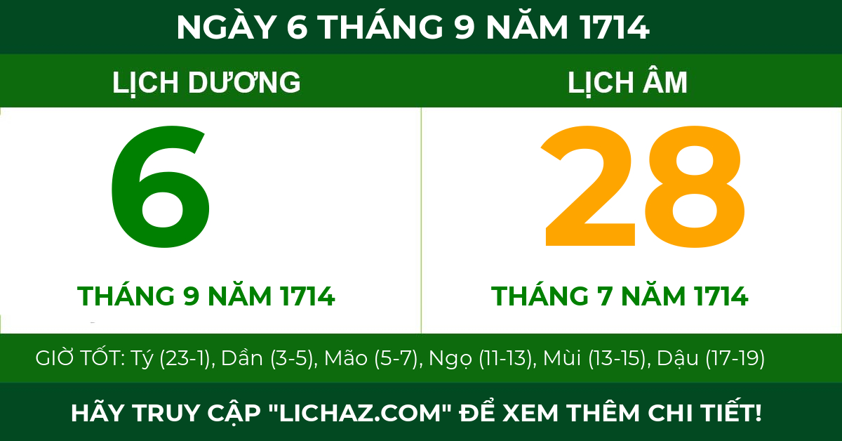 lịch âm ngày 6 tháng 9 năm 1714