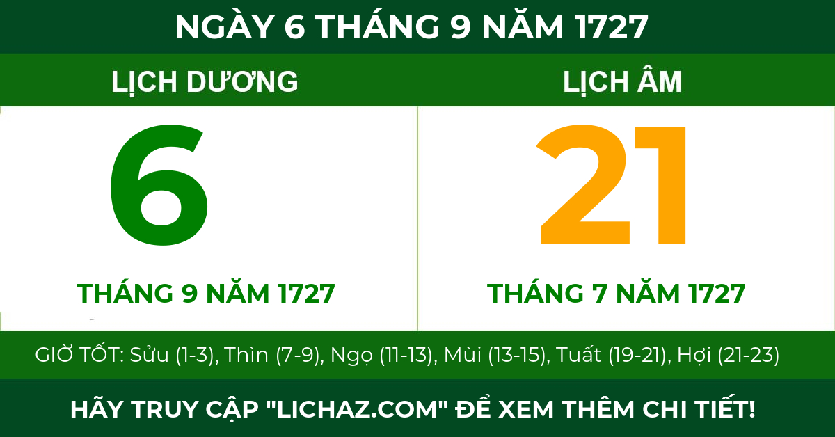 lịch âm ngày 6 tháng 9 năm 1727