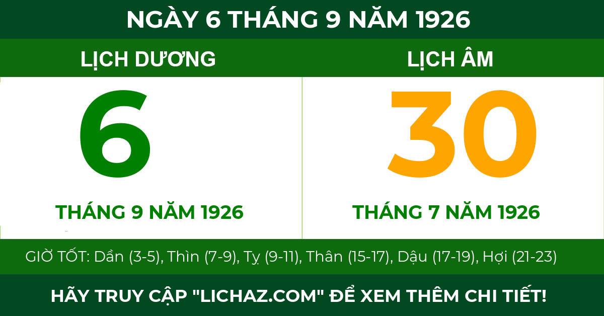 lịch âm ngày 6 tháng 9 năm 1926