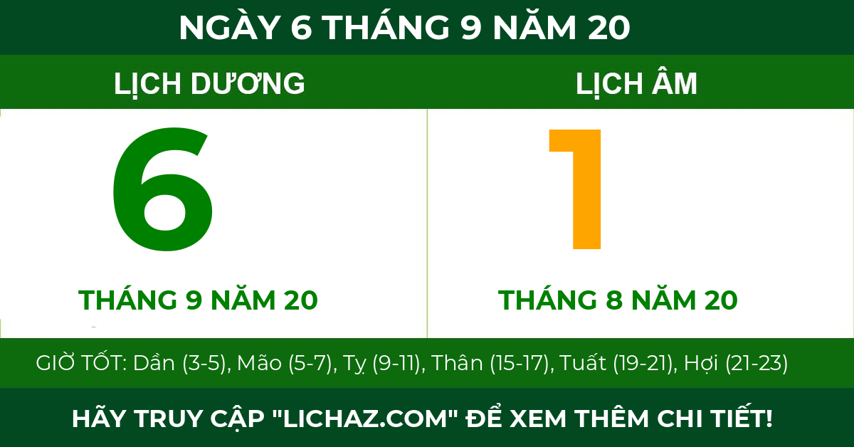 lịch âm ngày 6 tháng 9 năm 20