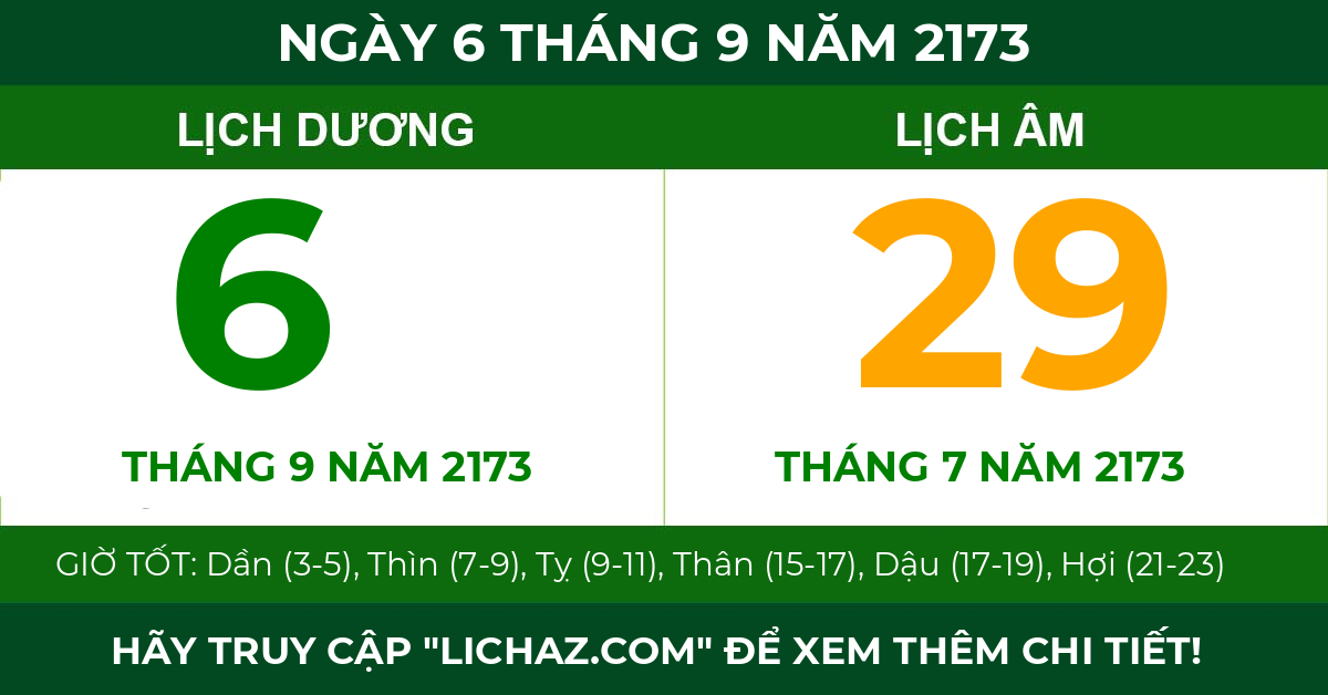 lịch âm ngày 6 tháng 9 năm 2173