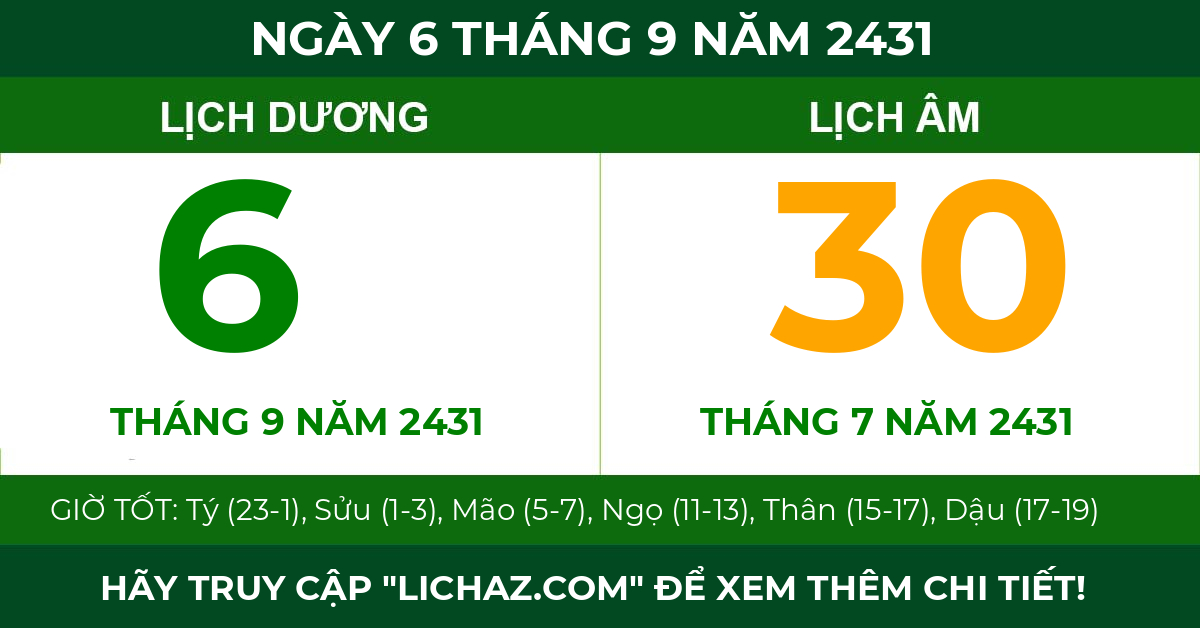lịch âm ngày 6 tháng 9 năm 2431
